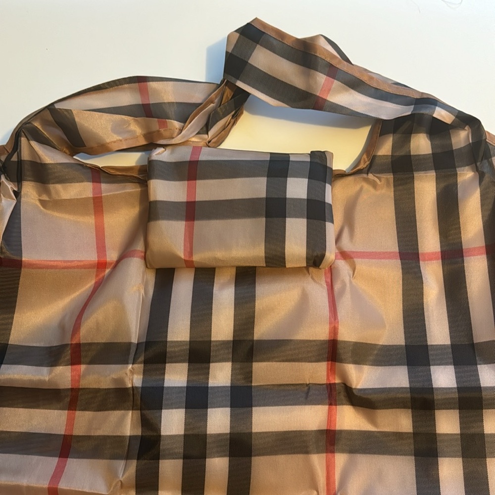 Large plaid print reusable nylon shopping tote bag